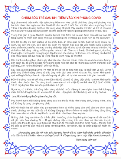 CHĂM SÓC TRẺ SAU KHI TIÊM VẮC XIN PHÒNG COVID
