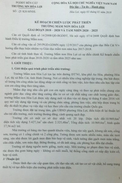 Kế hoạch chiến lược phát triển trường mầm non giai đoạn 2018-2020 và tầm nhìn 2020-2025
