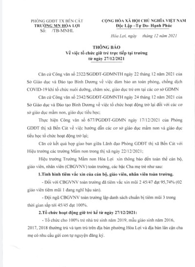 THÔNG BÁO VỀ VIỆC GIỮ TRẺ TRỰC TIẾP TẠI TRƯỜNG TỪ NGÀY 27/12/2021