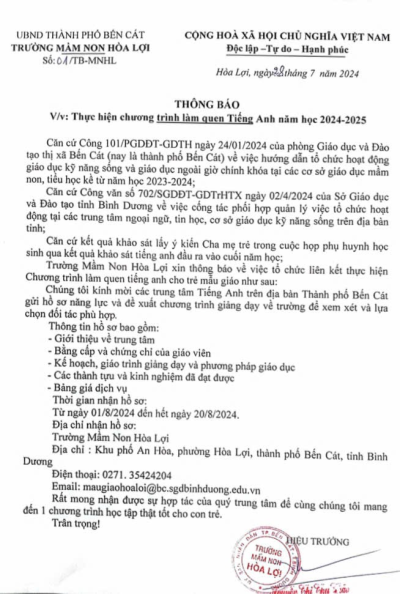 Thông báo việc hiện chương trình làm quen tiếng Anh năm học 2024 202510:56/-strong/-heart:>:o:-((:-hĐã gửi Xem trước khi gửiThả Files vào đây để xem lại trước khi gửi