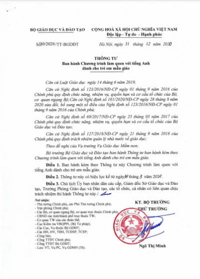 Thông tư ban hành chương trình làm quen tiếng Anh dành cho trẻ em mẫu giáo