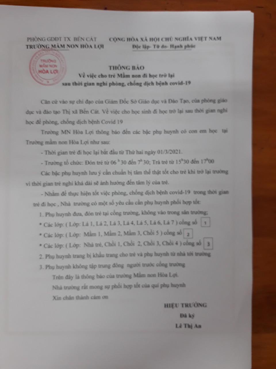 TRƯỜNG MẦM NON HÒA LỢI THÔNG BÁO VỀ VIỆC CHO TRẺ ĐI HỌC LẠI SAU THỜI GIAN NGHỈ HỌC PHÒNG DỊCH COVID – 19