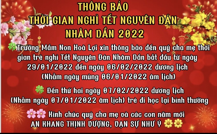 THÔNG BÁO THỜI GIAN NGHỈ TẾT NGUYÊN ĐÁN NHÂM DẦN  NĂM 2022