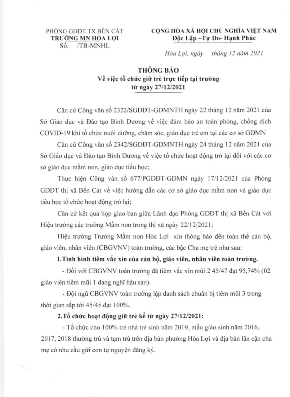 THÔNG BÁO VỀ VIỆC GIỮ TRẺ TRỰC TIẾP TẠI TRƯỜNG TỪ NGÀY 27/12/2021