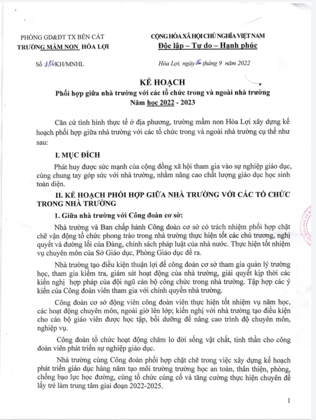 Kế hoạch phối hợp giữa nhà trường với các tổ chức trong và ngoài trường