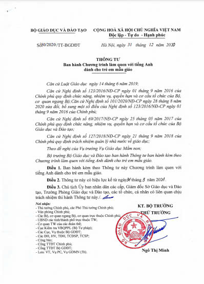 Thông tư ban hành chương trình làm quen tiếng Anh dành cho trẻ em mẫu giáo